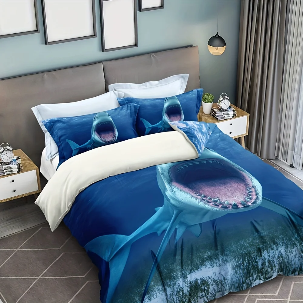 

3pcs Shark Mouth Bedding Set - Breathable Polyester Duvet Cover & Pillowcases Zip Closure, All-Season Comfort -Queen/King Sizes