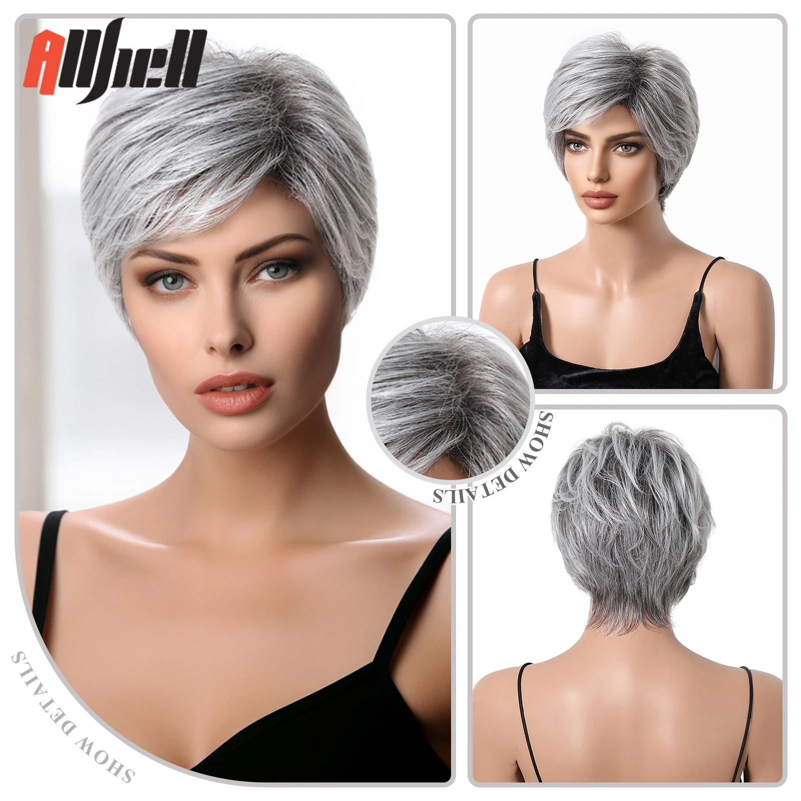 Short Pixie Cut Wigs For Women Silver Gray Straight Layered Synthetic Wigs With 30% Human Hair Fluffy Natural Blend Wigs Hair