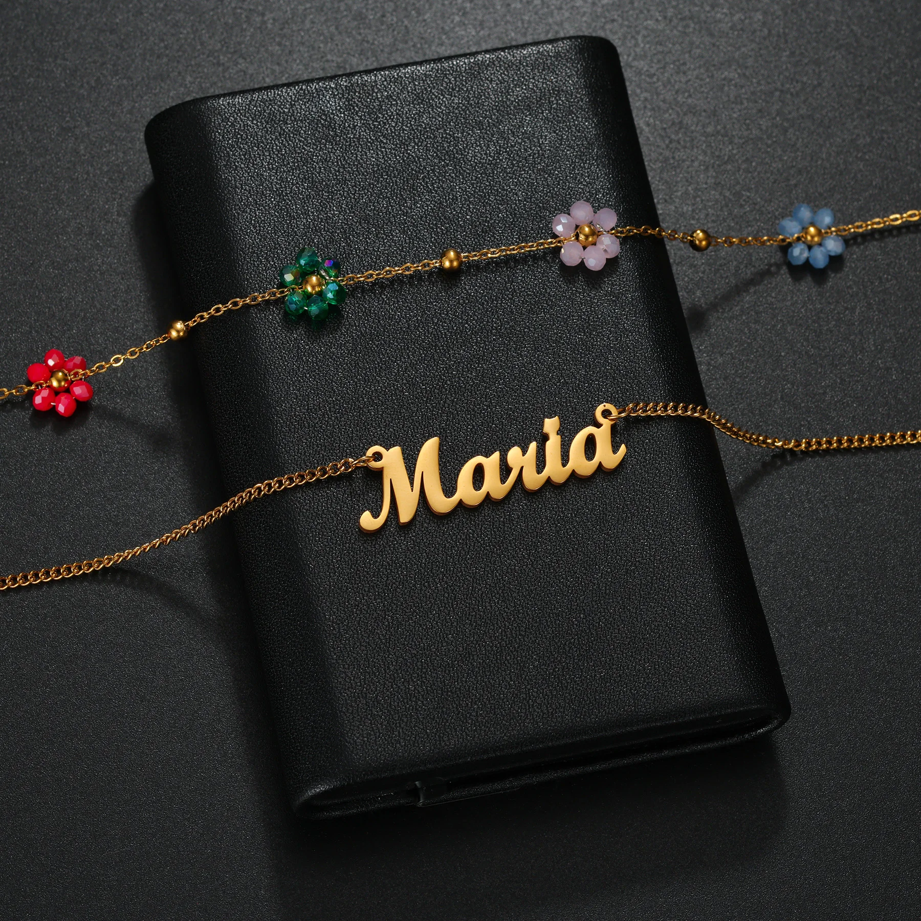 Atoztide Custom Name Jewelry Set Personalized Colorful Flower Chain Necklace Bracelet for Women Stainless Steel Birthday Gift view 4