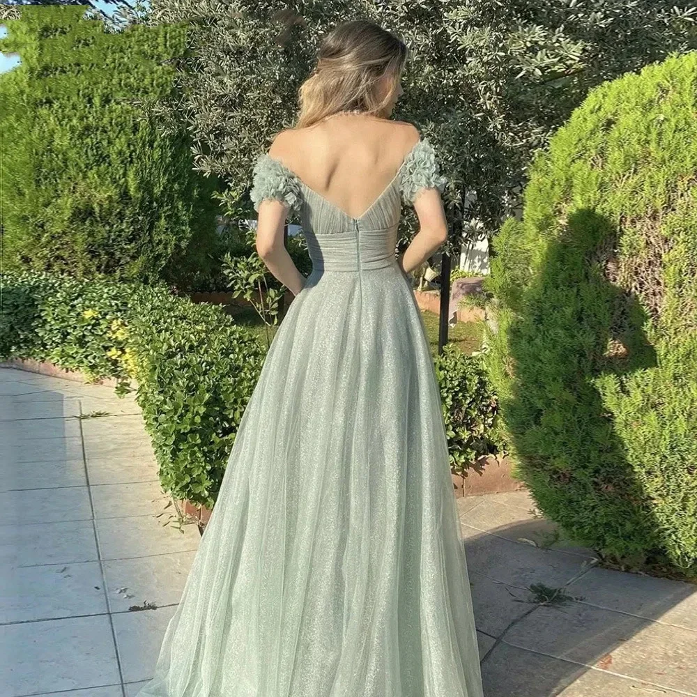 Flavinke Off The Shoulder Green Pleat Prom Cocktail of Formal Dresses for Women Party Wedding Evening Gown Long Dress Robe