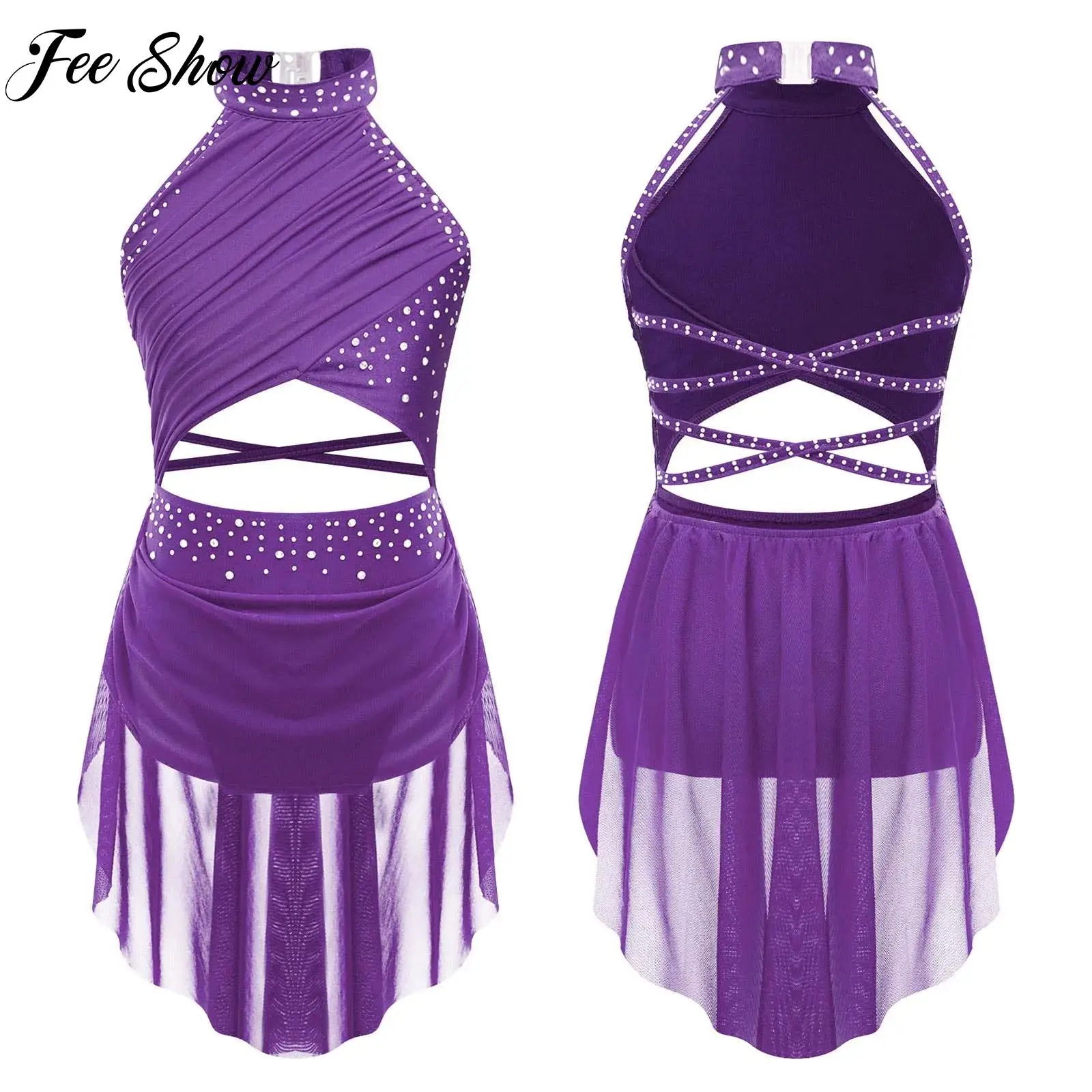 

2025 New Kids Girls Lyrical Modern Dance Performance Dress Costume Glittery Rhinestone Strappy Backless Sheer Mesh Leotard Dress