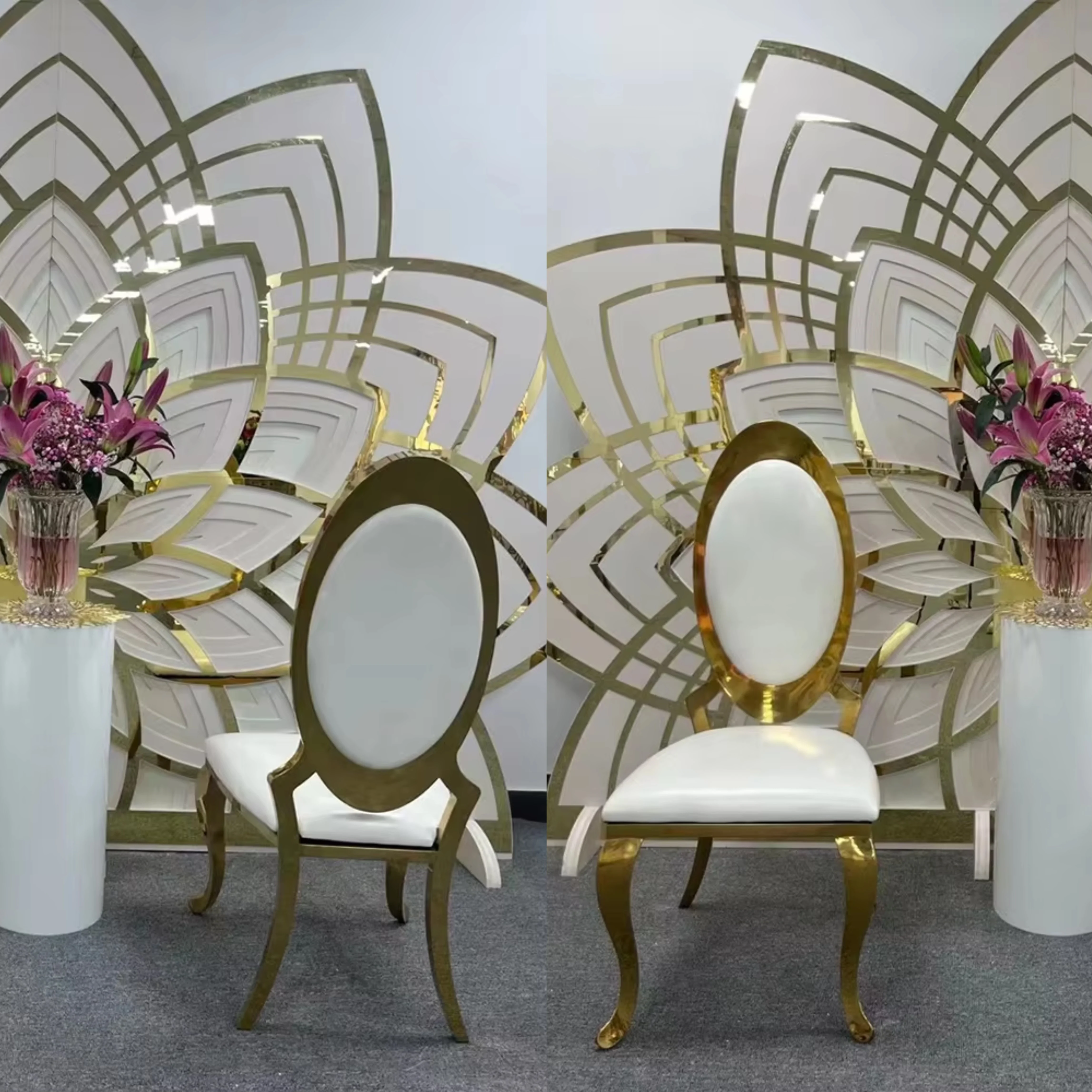 

Wholesale stacking banquet wedding stainless steel leather round back dining gold silver chair