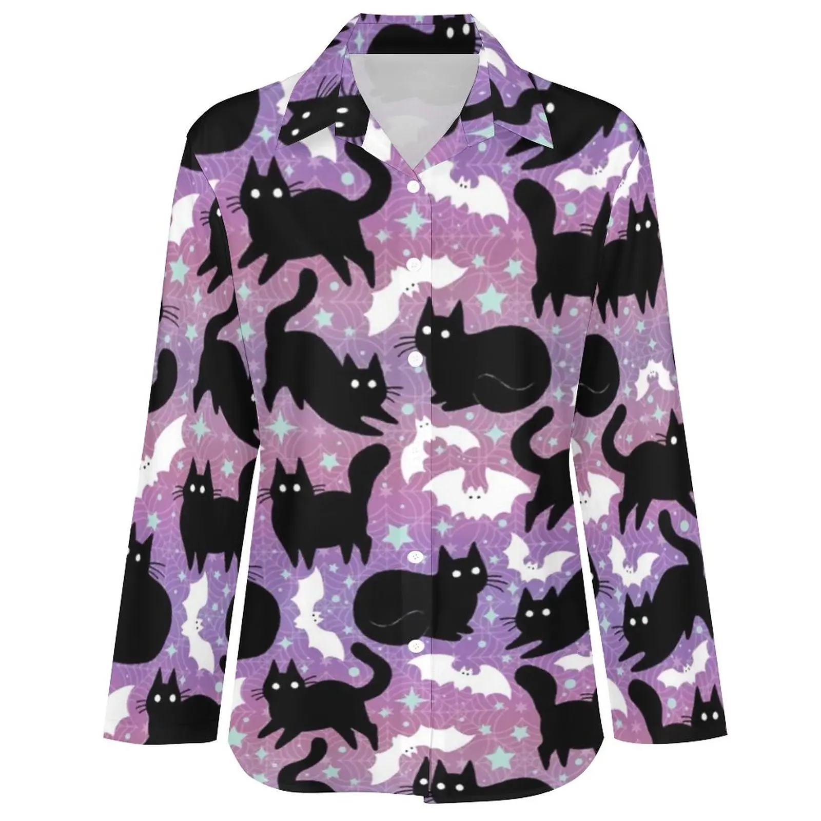 Lustige schwarze Katze lässige Bluse Langarm Pastell Halloween Blusen Frauen Straße tragen übergroße Hemden benutzer definierte Tops Geburtstags geschenk