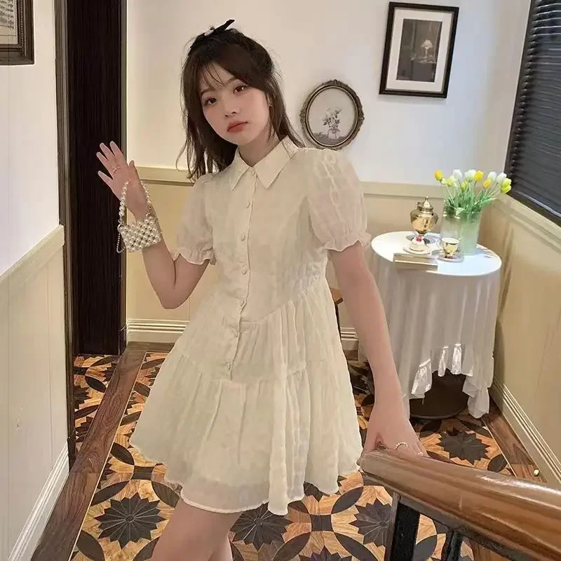 

Slim Fit Students Korean Style PetticoatSummer Latest Polo Neck Chiffon Tender Girls Dresses Short Sleeves Small Woman's Skirts