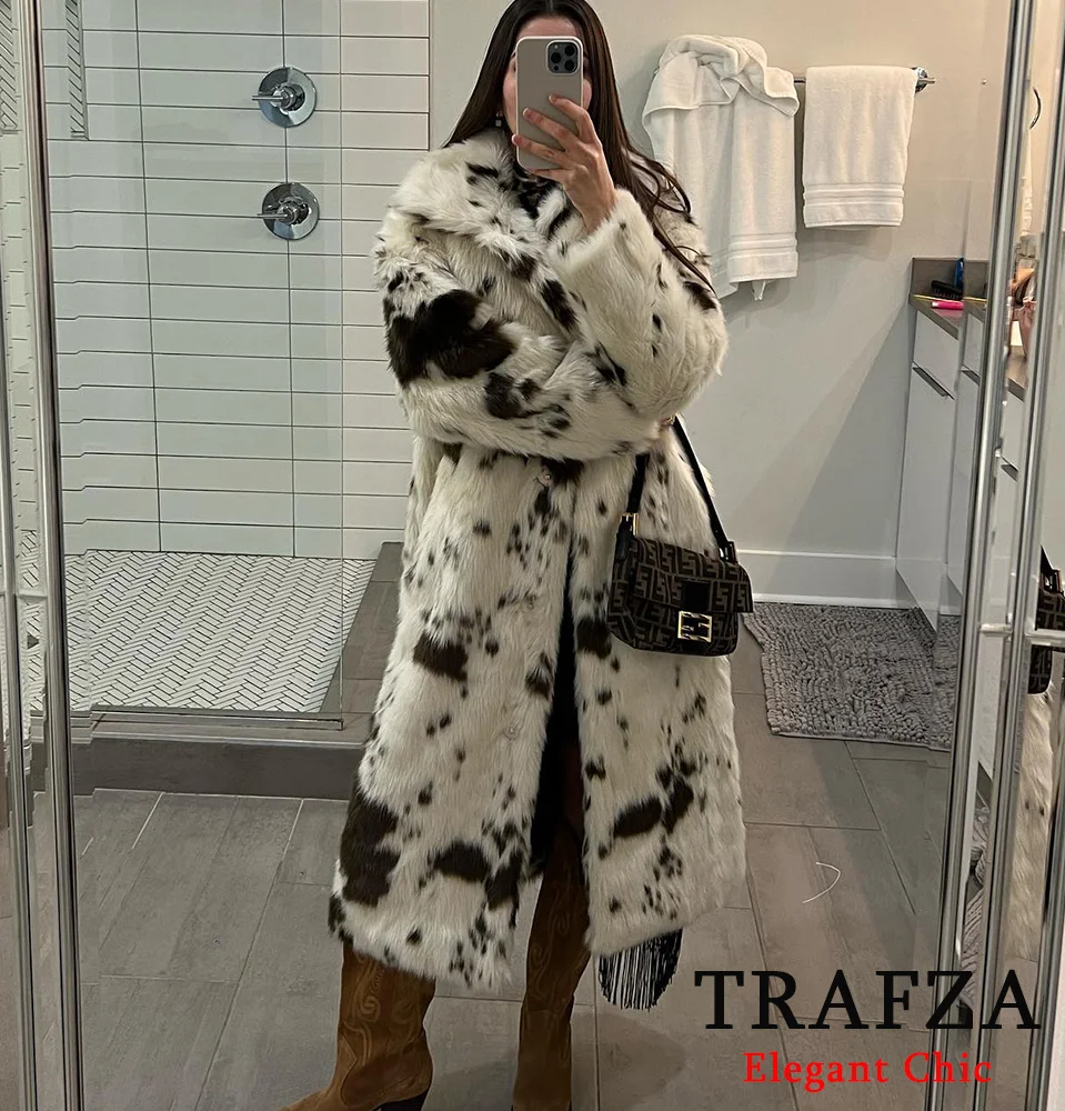 TRAFZA Vintage Fall Winter Faux Fur Long Coat Women's Animal Pattern Lapel Long Coat New 2024 Fashion High Street Y2K Coat