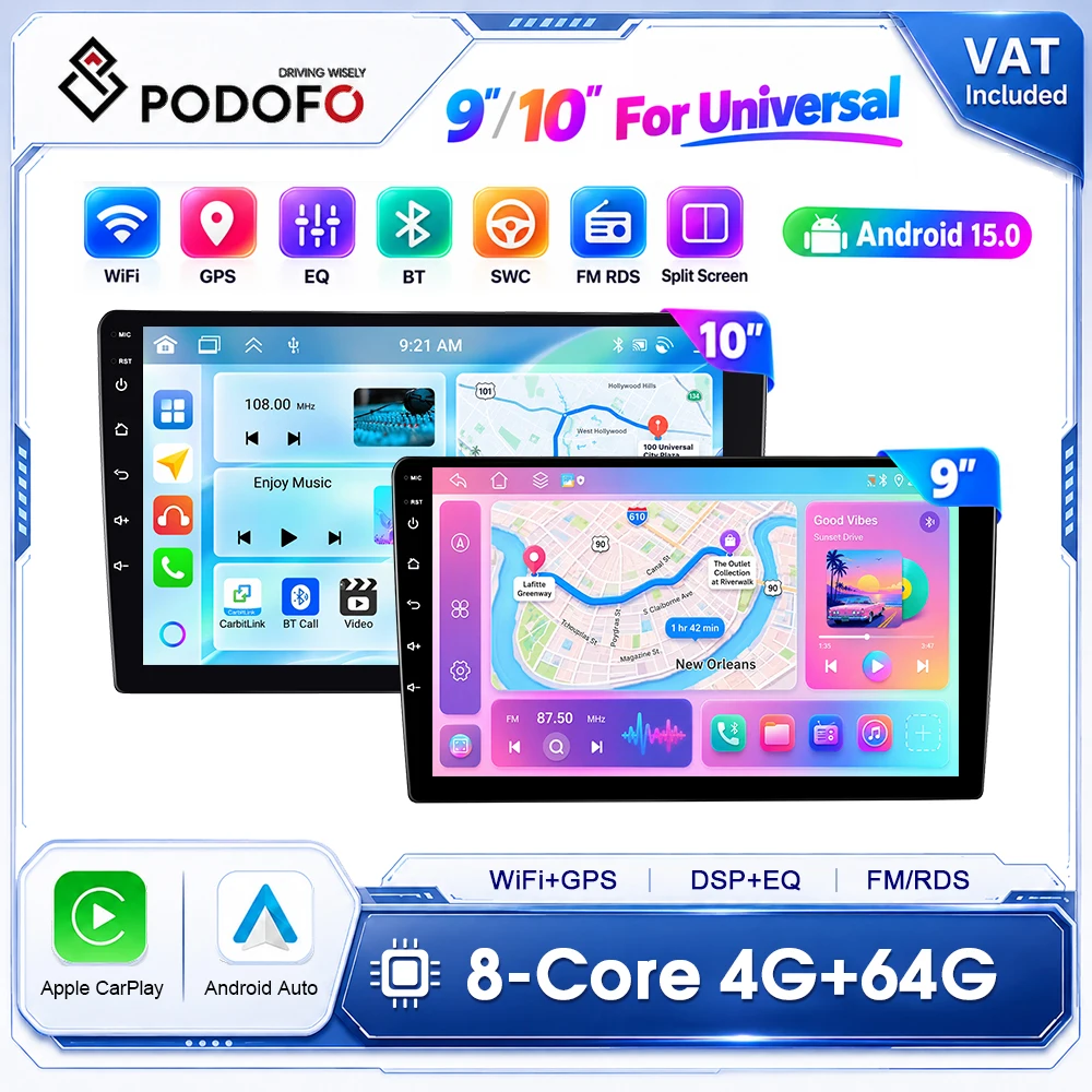 Podofo, autoradio universale Android con schermo touchscreen da 9/10,1 pollici, compatibile con CarPlay e Android Auto, dotata di sistema di controllo al volante (SWC), navigazione GPS, unità