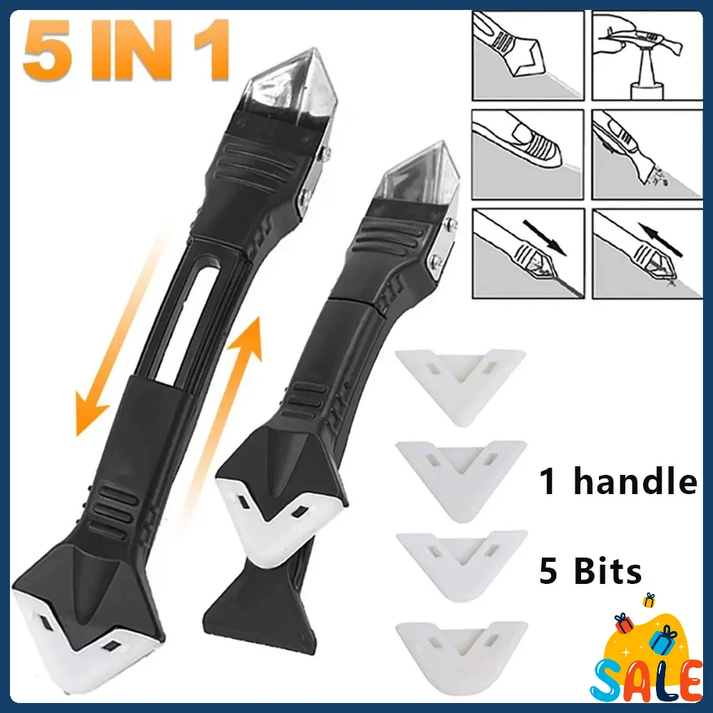 

5 in 1 Metal Head Shovel Glue Tool Kit: Silicone Spatula, Caulk Remover, Grout Removal, Sealant Finishing & Corner Scrap