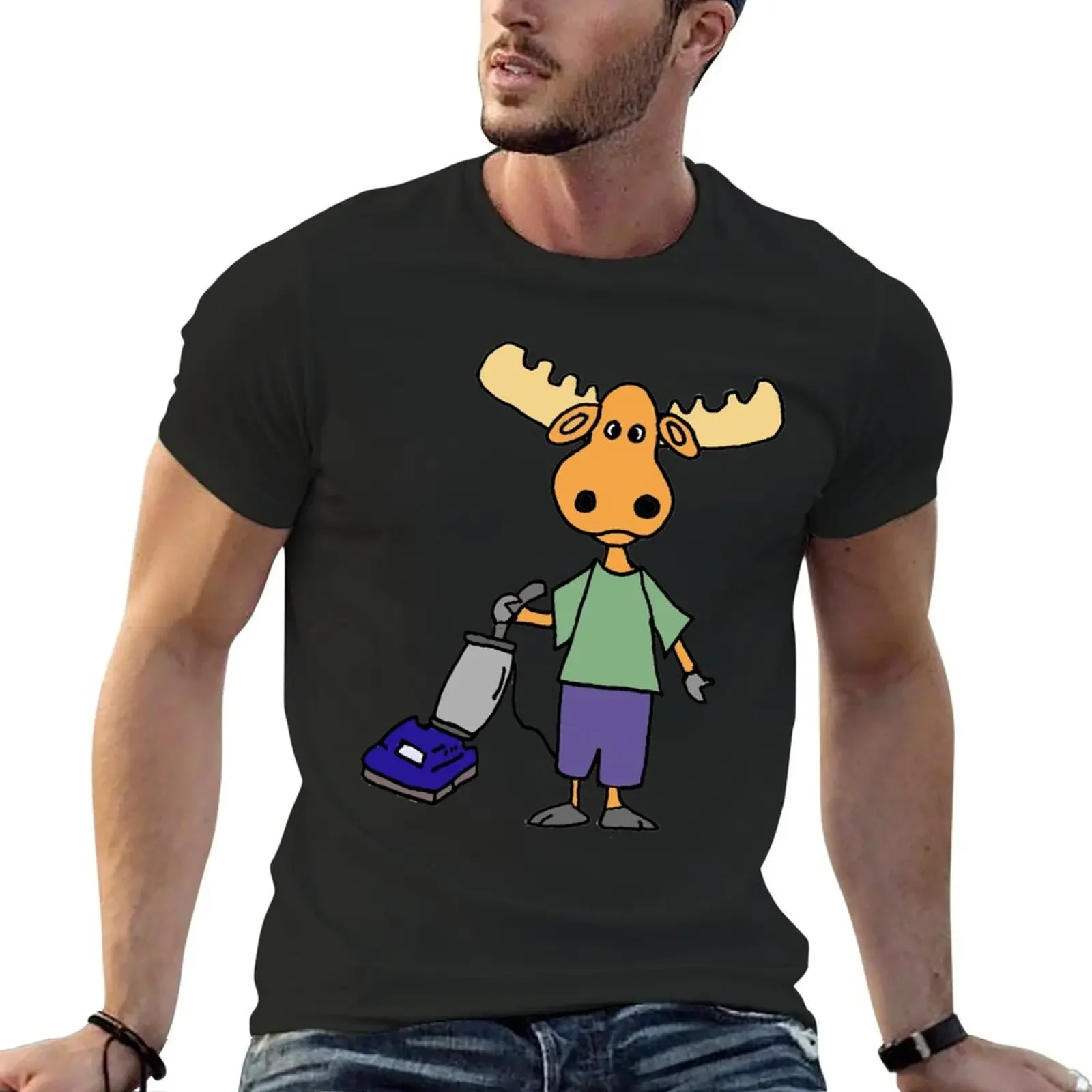 Funny Moose Pushing Vacuum Cleaner Cartoon T-Shirt customs street wear Short sleeve tee mens champion t shirts