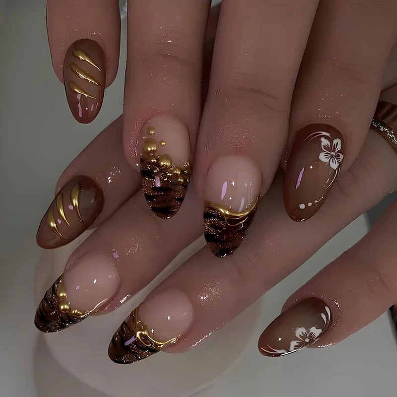 

24Pcs Brown Zebra Stripe Cat's Eye French Fake Nail Short Almond Press on False Nails with Flower Reusable Full Cover Nails Tips