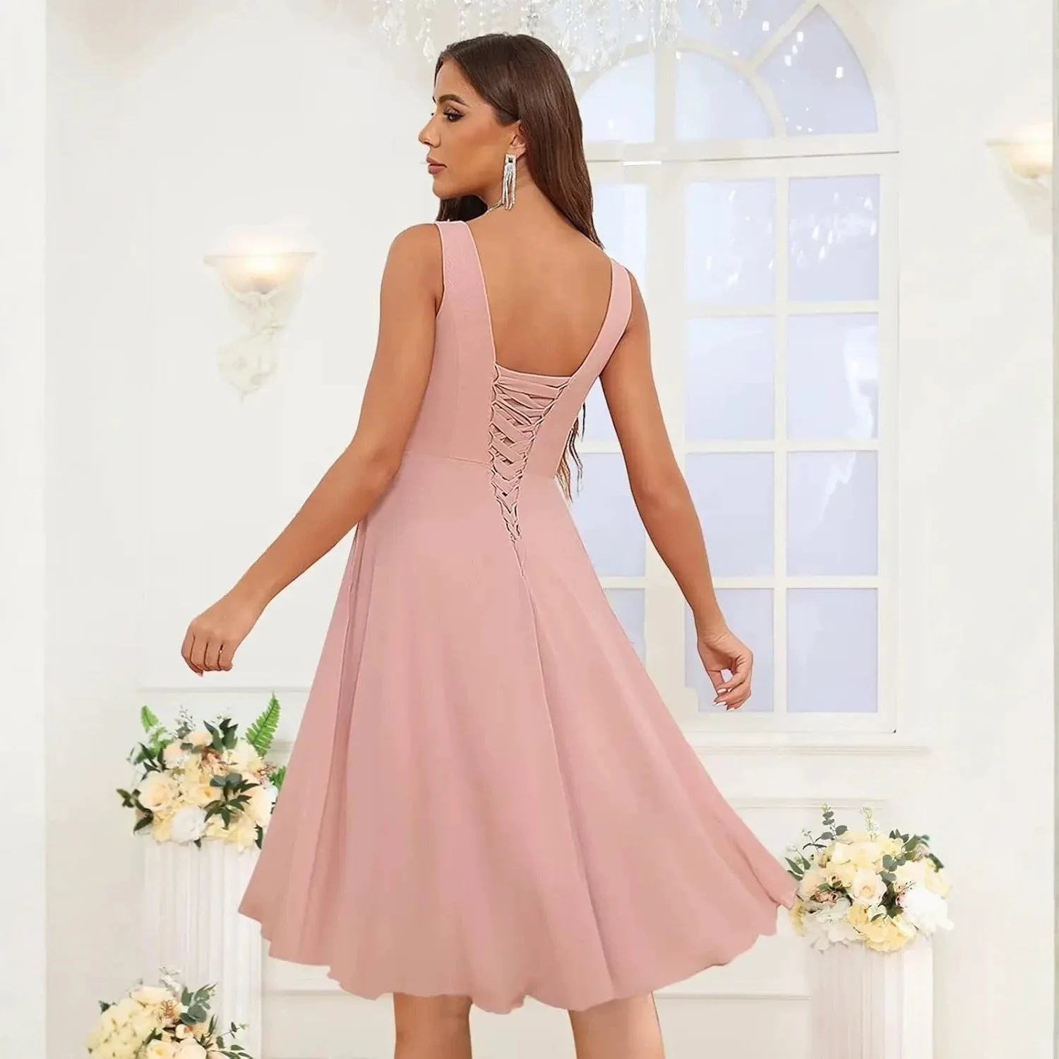 V Neck Sleeveless Ruched Chiffon Bridesmaid Dress Knee Length Ruffle A Line Short Formal Wedding Party Dresses Vestido view 2