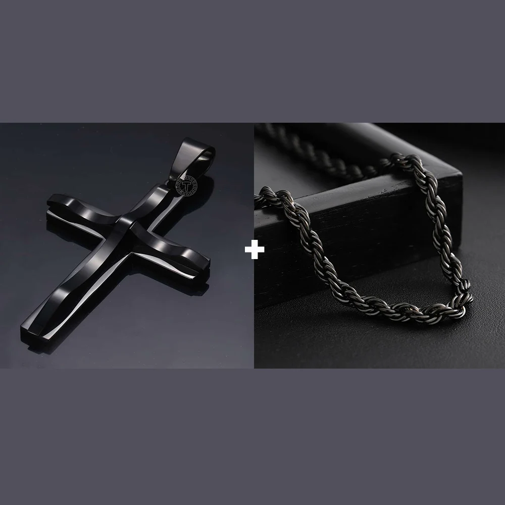 

Curved Cross Pendant Necklace For Mens Womens Stainless Steel 5mm Wide Chain Black Stainless Steel Rope Chain Necklace