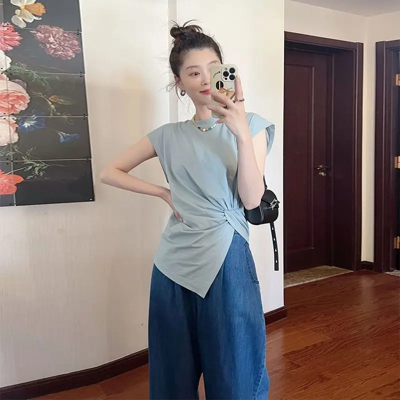 

Korean Style White Irregular Side Slit Short-sleeved for Women T-shirt Summer Slim Fit Short Fashionable Casual Office Style Top