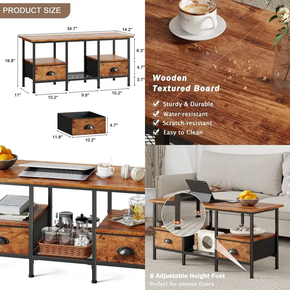

Industrial Rustic Brown Coffee Table with 2 Drawers and 2-Tier Shelf for Living Room Storage