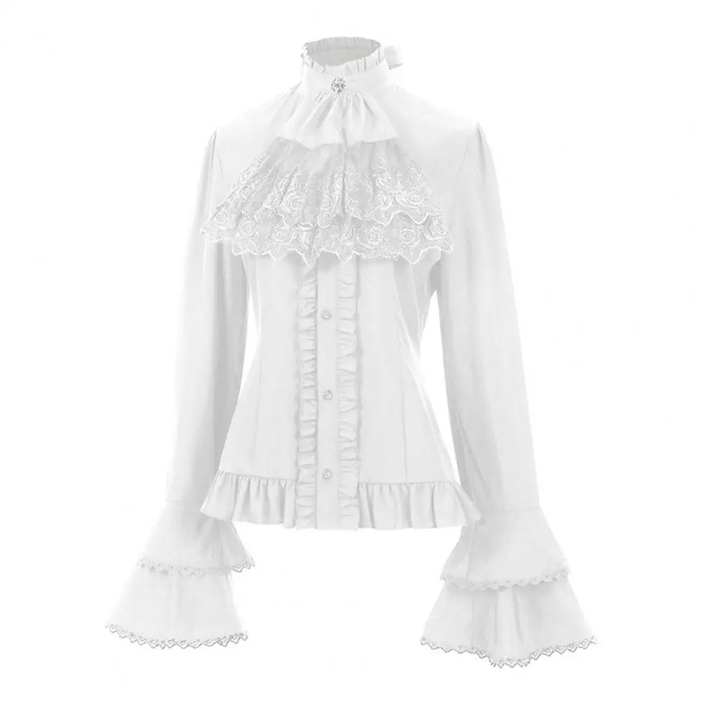 Victorian Women\'s Ruched Lace Shirts And Blouses Gothic Lolita Vintage Long Sleeve Lotus Ruffle Solid Black White Tops Shirt