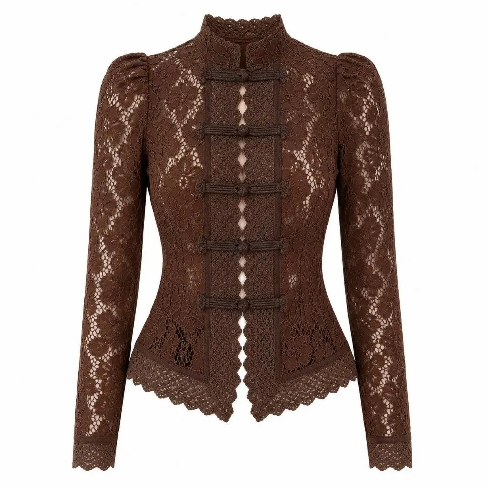 Casual Hollow Out Lace Printed Shirts Long Sleeves Slim Fit See-Through Blouse Chinese Style Frog Button Women Shirt Tops Spring