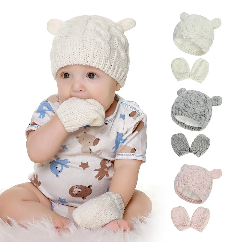 

New Baby Kids Girls Boys Winter Warm Knit Hat Ear Solid Warm Cute Glove 2pcs Lovely Beanie Cap 0-18M S/M/L