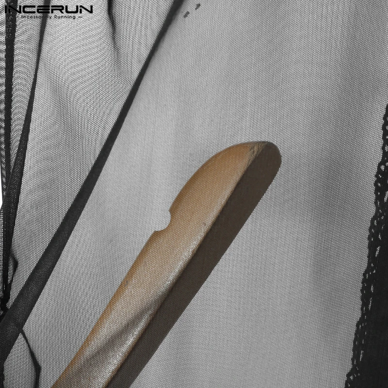 INCERUN 남성 바디수트 메쉬 패치워크 레이스 시스루 레이스업 섹시 롬퍼 남성 플레이수트 여름 2025 라펠 반팔 바디수트