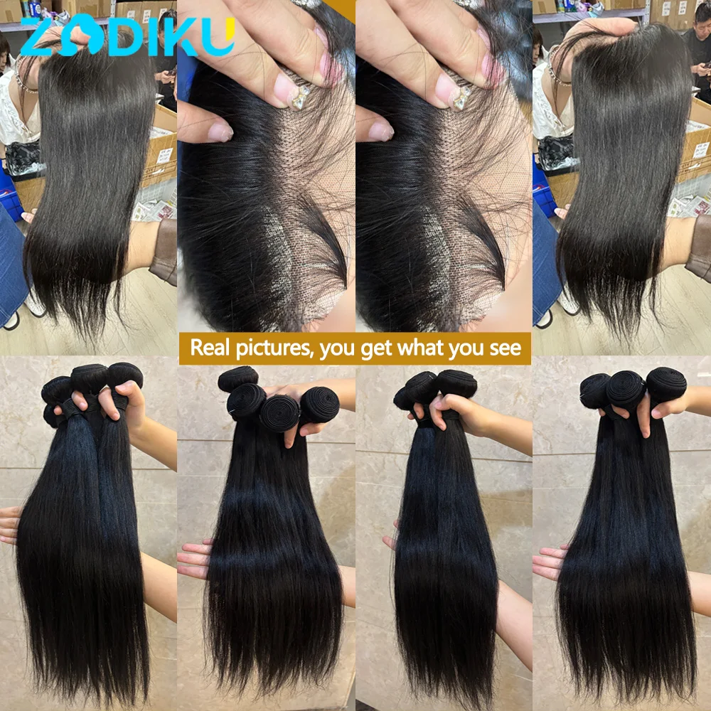 스트레이트 생인모 번들 (4x4 클로저 포함) 생인모 번들 100% 인모 12A 브라질리언 생인모 번들 (클로저 레이스 포함)