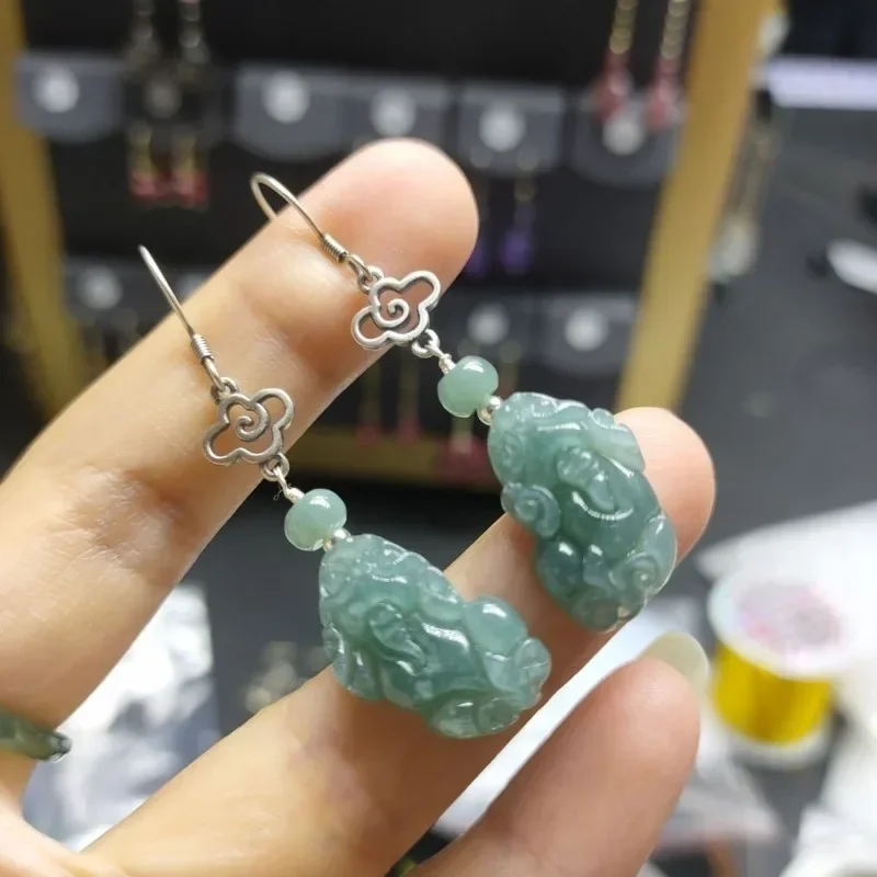 925 Silver Inlay Burmese Emerald Jade Blue Water Pixiu Earring Ring Beads Natural Green Adjustable Women Jewelry Customized