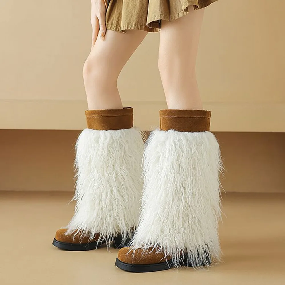 Winter Warm Furry Knee High Boots Women Suede Low Heel Faux Fur Long Boots Brown 34-43 124-11 view 6