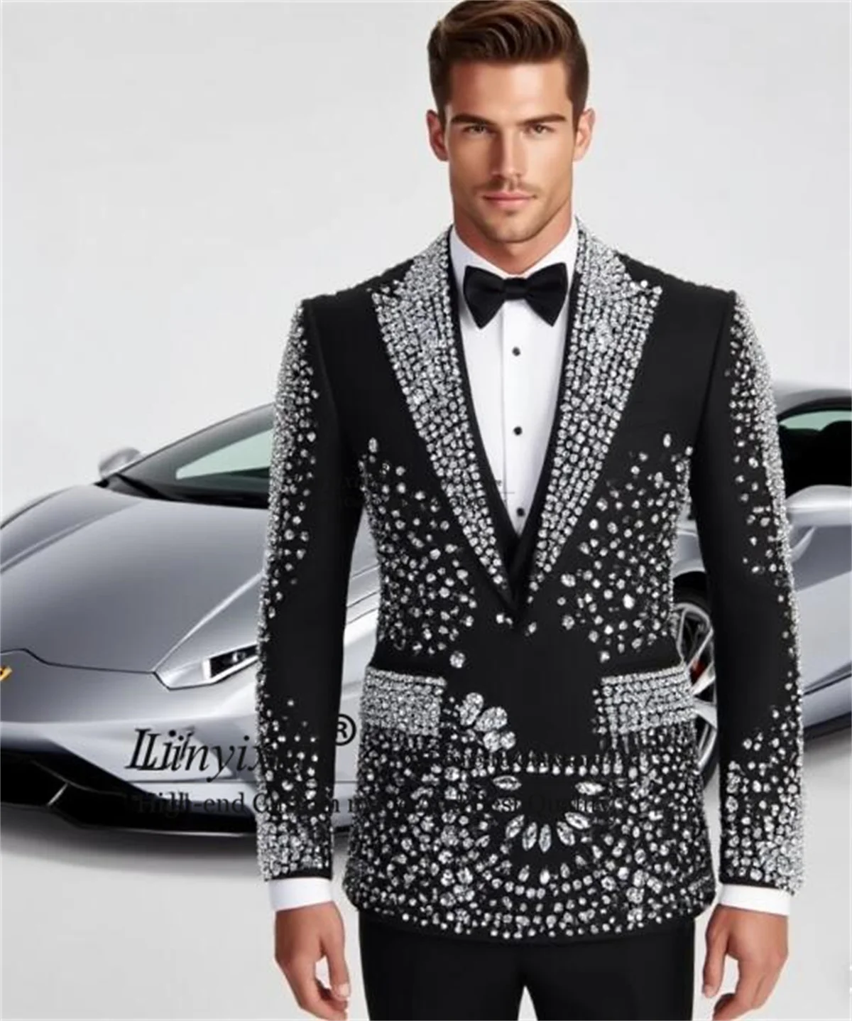 

Glitter Diamond Embroidered Tuxedos Men Suit Customized Groom Party Wedding Slim Fit Prom Blazer 3 Pieces Sets Costume Homme