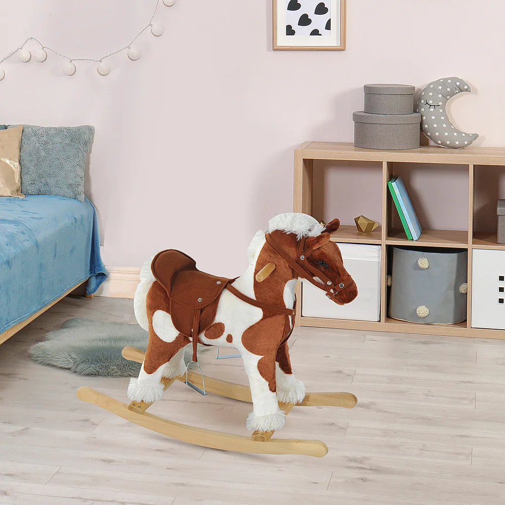 Wooden Toddler Rocking Horse, Kids Plush Rocking Chair Toy with Nursery Rhyme Music Brown