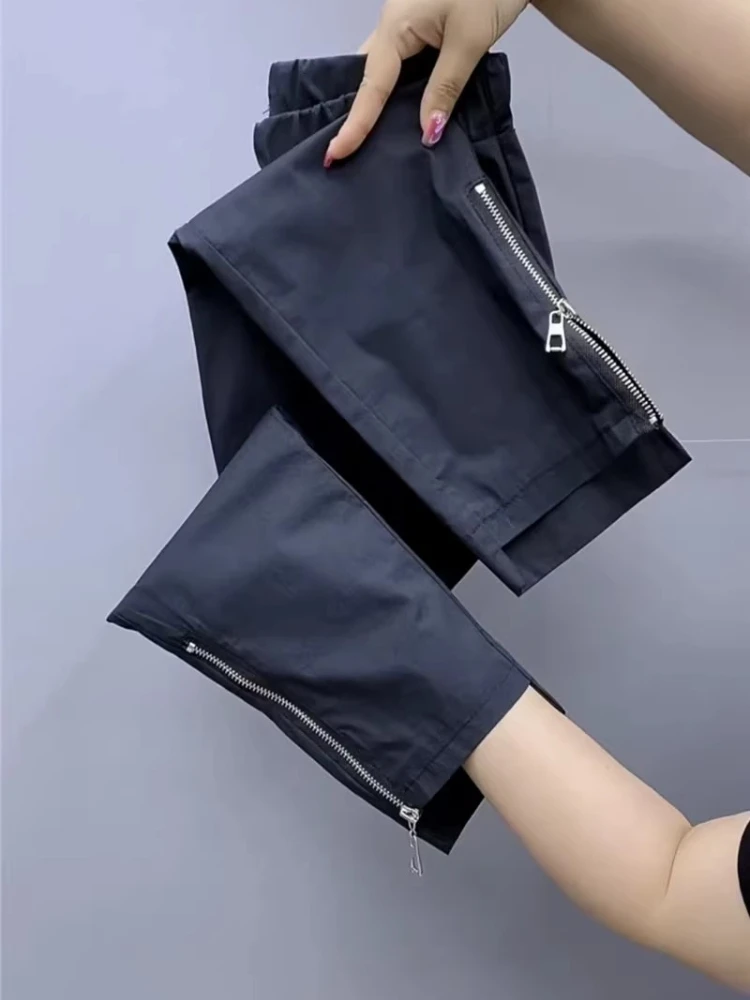 2026 Summer Thin Pants Fashion Y2k Zipper Stitching Eight-Point Slacks Women Korean Slim Leggings Stretch Quick-Drying Trousers