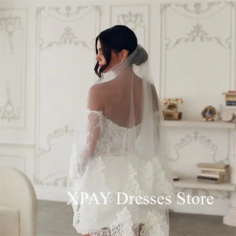 XPAY 2025 Short Skirt Off the Shoulder Wedding Dresses Lace Long Sleeves Vestidos De Fiesta Backless Party Dress With Veil