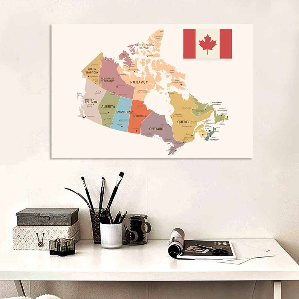 Imagem -04 - Canadá Mapa Político Grande Cartaz Não-tecido Lona Pintura Parede Sala de Aula Decoração para Casa Material Escolar 225*150cm o