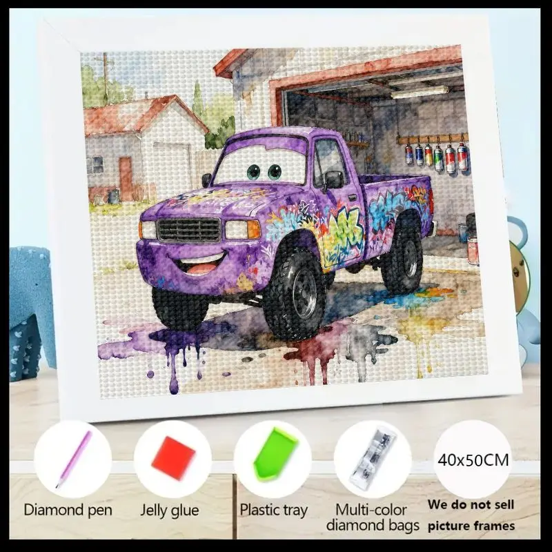 

1PC 5D Full Drill Diamond Painting Kit for Kids & Adults - Cute Cartoon Purple Pickup Truck with Smiling Face & Colorful Graffit