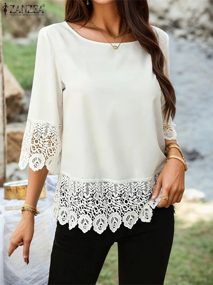 

Women Tops ZANZEA Fashion Blouses 2025 Summer Lace Patchwork Elegant Casual Solid Color 3/4 Sleeve O Neck Blusas OL Work Tunic
