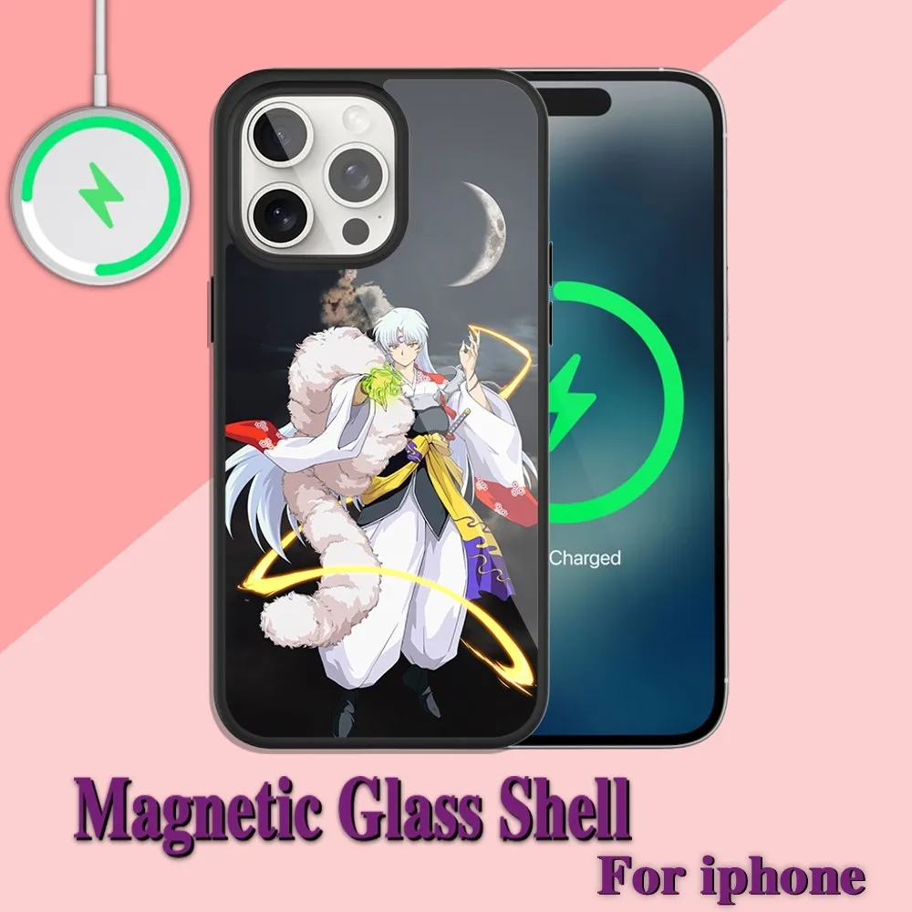 Custodia per telefono Anime InuYasha Sesshomaru per ricarica iPhone 13 14 15 11 12 Pro Max Plus guscio magnetico Magsafe in vetro