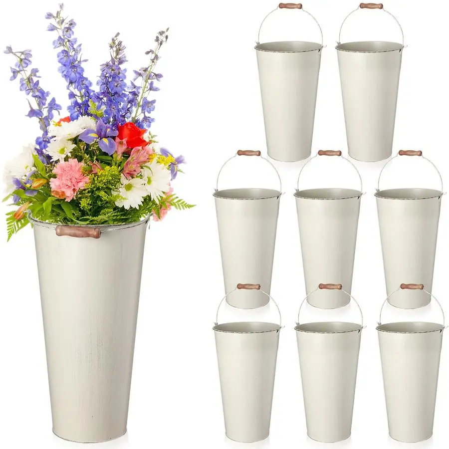 

8 Pcs 13.8 Inch Wedding Galvanized Metal Vases for Flowers Buckets for Flowers Galvanized Metal Tin Bucket with Handle for Weddi