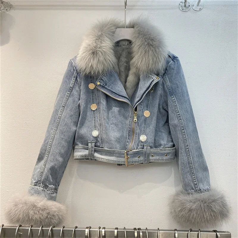 Detachable Fox Fur Collar Rabbit Fur Liner Denim Jacket Women Cowboy Outwear Vintage Blue Winter Loose Short Jeans Jacket Female