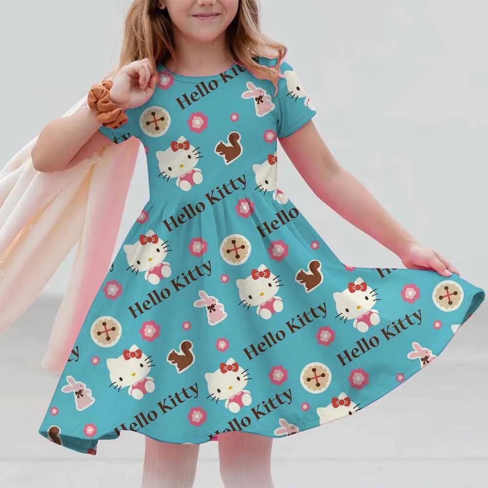 

MINISO новое летнее платье, модное милое платье с 3D принтом Hellokitty, детская праздничная детская одежда принцессы с короткими рукавами для девочек