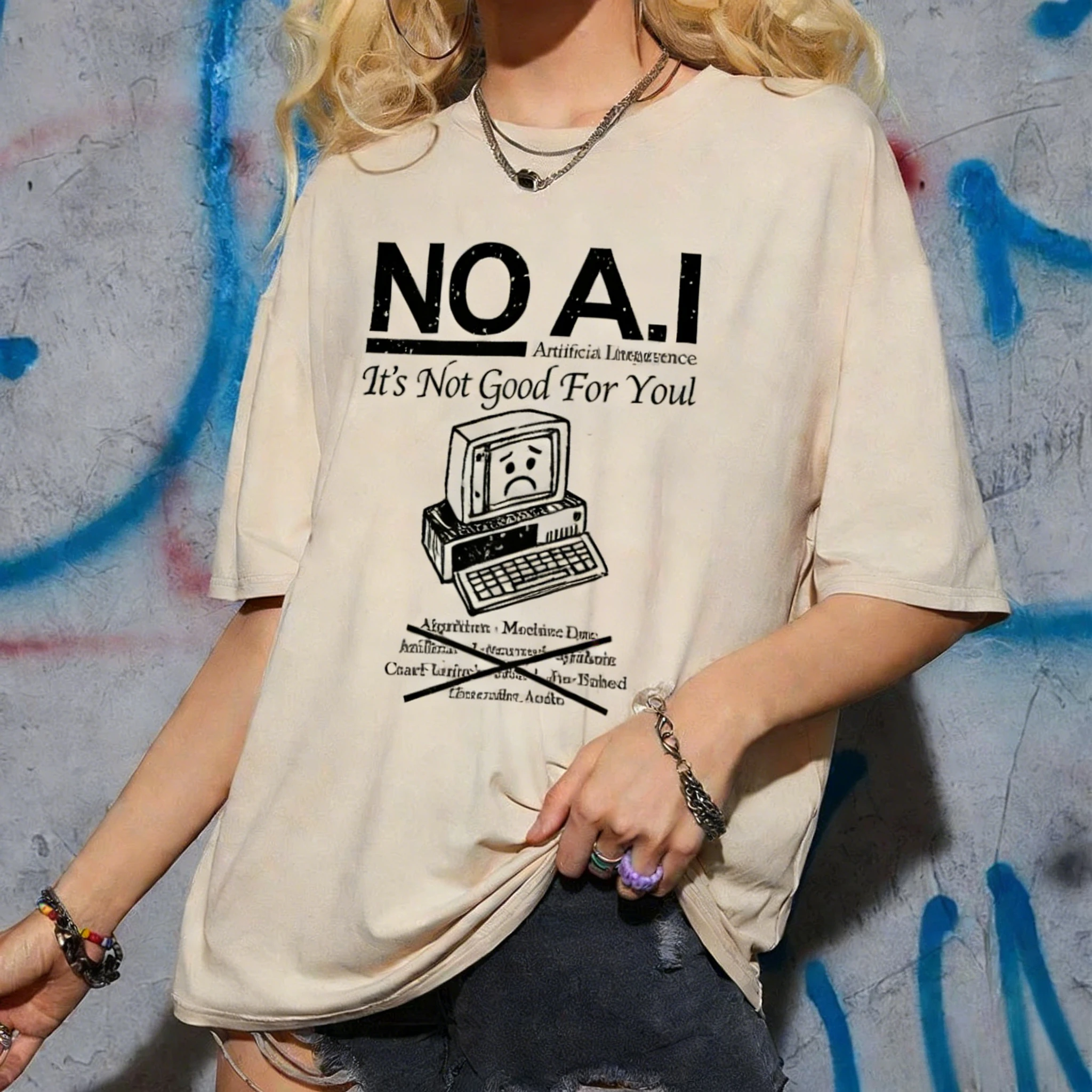 

Unisex 90s Retro Hippie Anti AI Graphic Tees Funny Streetwear T-Shirts Oversized Fashion Short Sleeve Tops for Women And Men