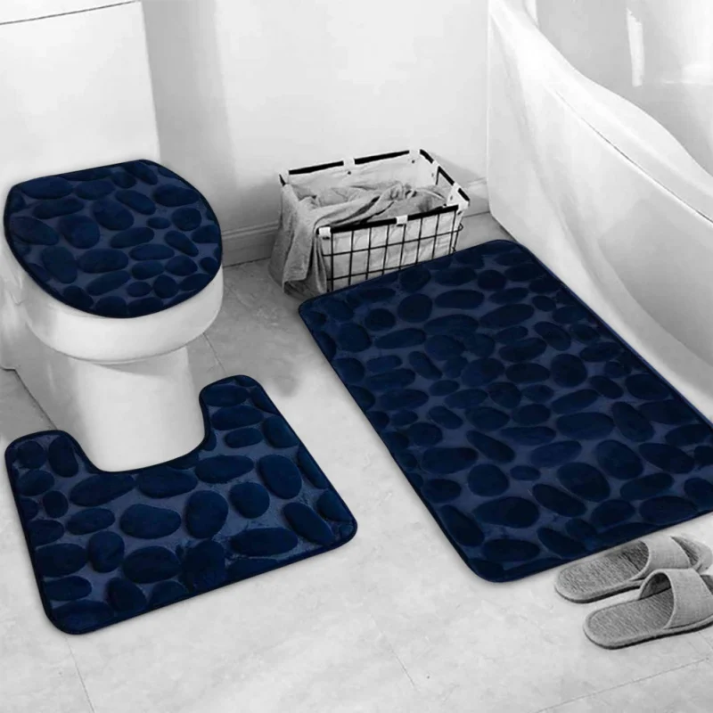 Toilet Seat Cover 3Pcs Set Bath Mat Shower Room Floor Rug Home Bathroom Anti-Slip Absorbent Doormat Pebbles Bathtub Decor Carpet