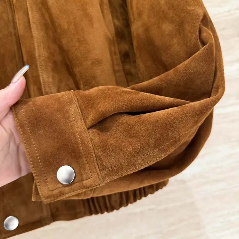 women coat autumn winter new fashion short length suede leather jacket natural real sheepskin high quality