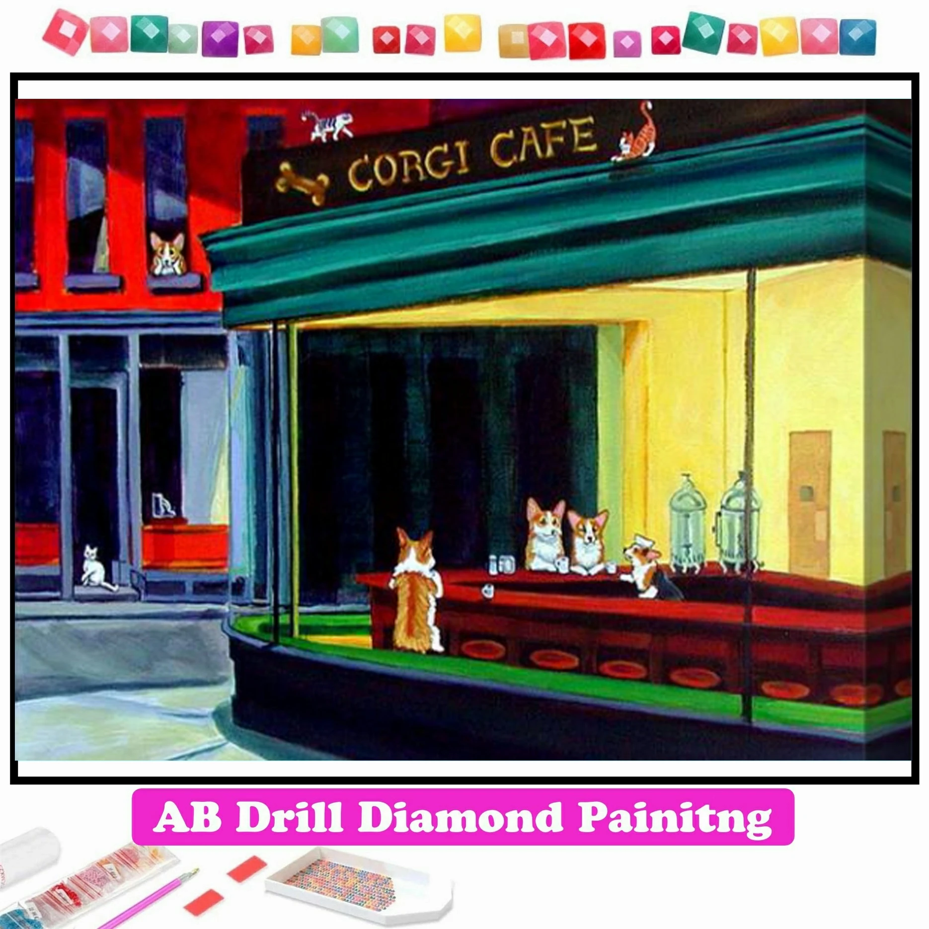 

Corgi Cafe After Hopper Nighthawks 5D AB Diamond Painting DIY Full Square Round Mosaic Embroidery Cross Stitch Kit Home Decor