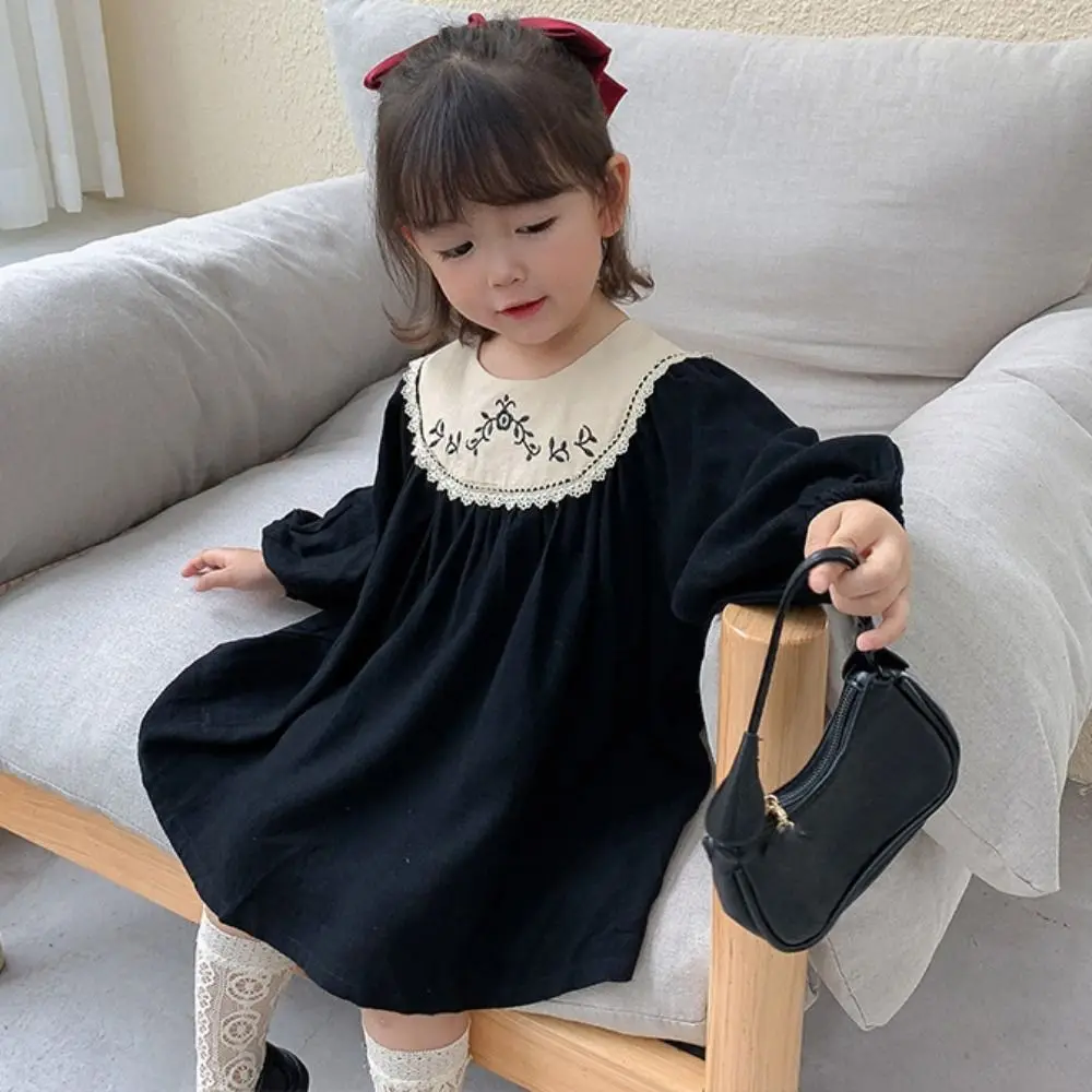 

High Waist Embroidered Flowers Lace Princes Dress Pleated Loose Girls Long Dress A-line Sweet Children Long Sleeved Dress Party