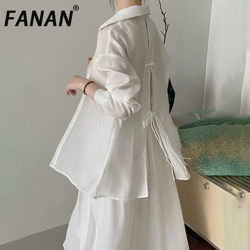 

Солнцезащитные рубашки FANAN, женские однобортные однобортные рубашки с лацканами сзади, свободные перспективные блузки, повседневный топ, новинка лета 2023 г.