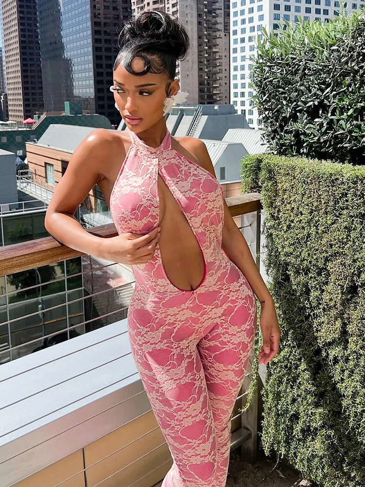 Sisterlinda 夏リリースジュニアファッションセクシーなハイストリートジャンプスーツ中空レースネックストラップ大きな谷間背中の開いたスリムジャンプスーツ