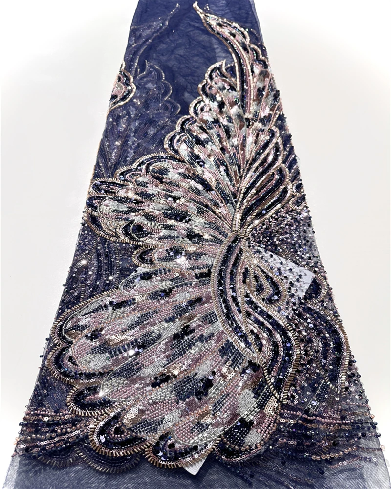 African Groom High-Quality Lace Fabric for Women French Tulle Sequins Embroidery Beads Party Dress Material