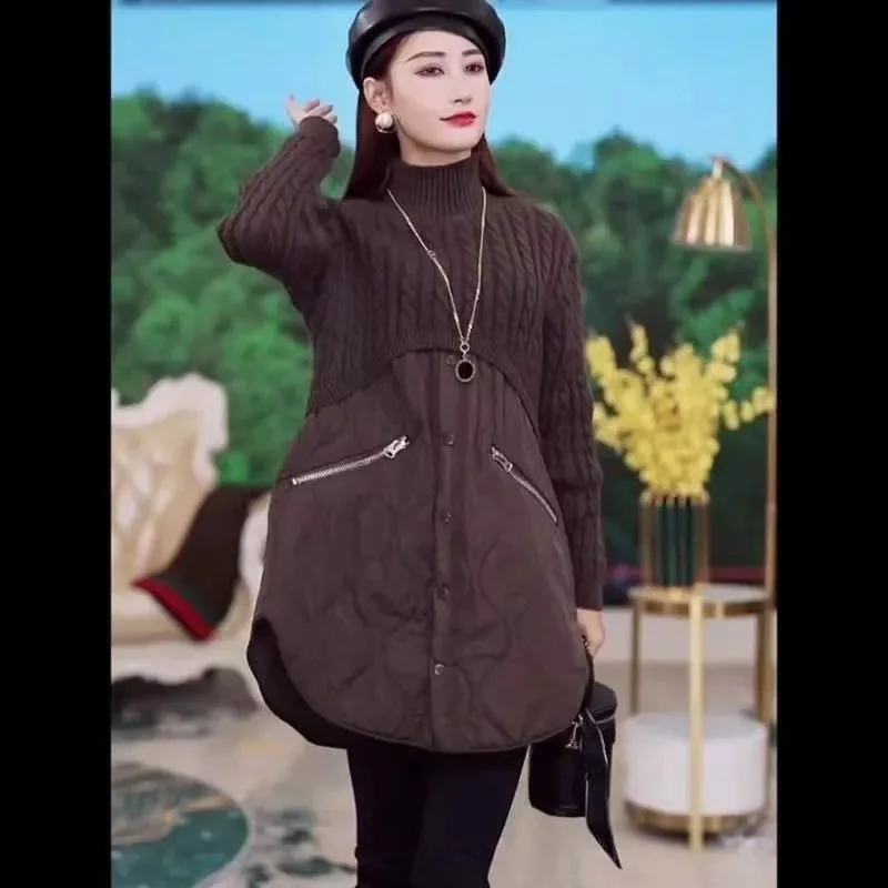 

Ladies Casual False Two-piece Knitting Spring Autumn Female Fashion Patchwork Pullover Sweater Women High End High Neck Knitted