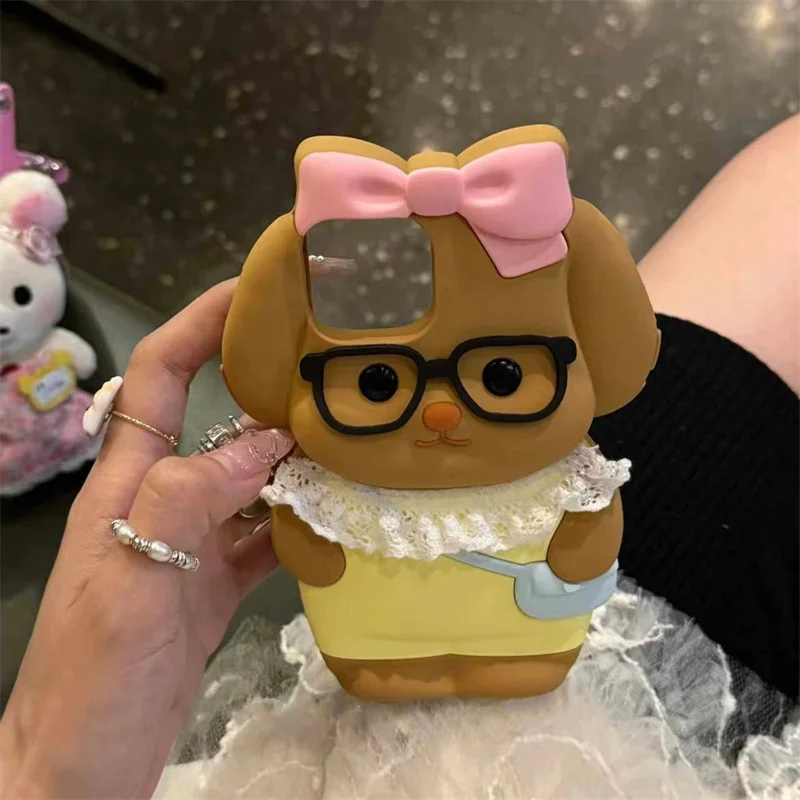 Silicone Cartoon Pink Bow Dog Suitable For Iphone 15 Pro Max Phone Case All Inclusive 12 13 14 Protective Case