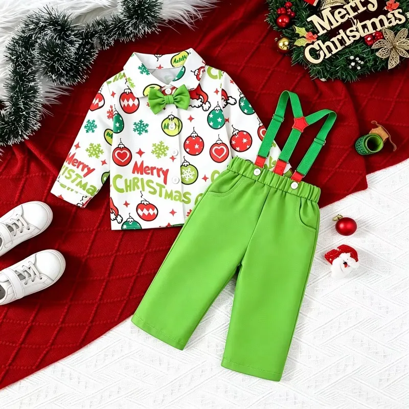 Newborn Infant Toddler Baby Boy Christmas Romper Outfit Set White Ornament Bell Print Long Sleeve Shirt Green Pants 0 36M