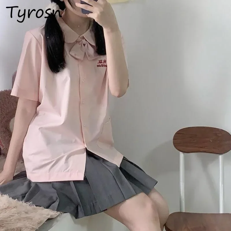 

Shirts Women Simple Autumn Cute Lively Tender Short Sleeve Korean Style Turn-down Collar Pockets Streetwear Daily Elegant Cozy