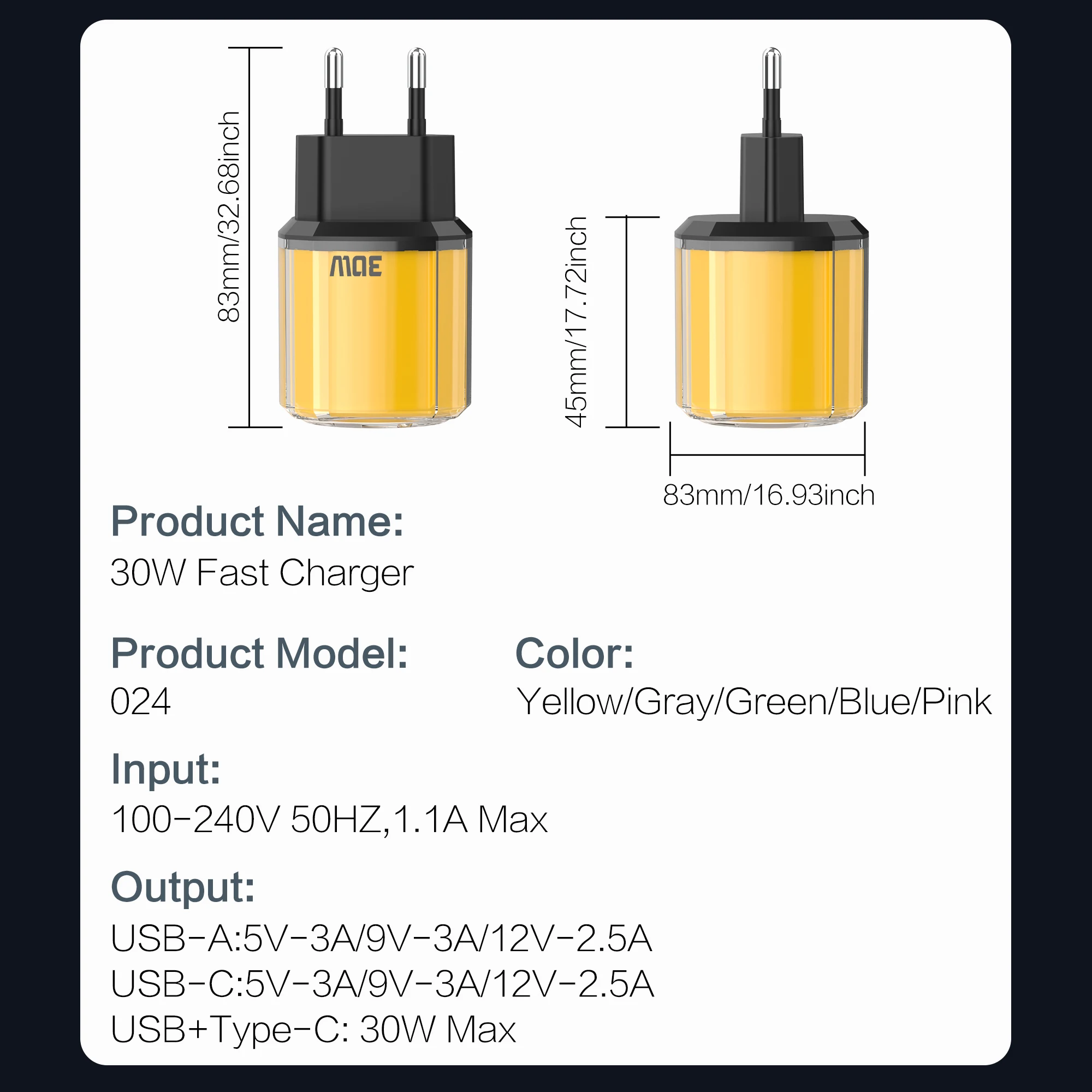 Ulepszone ładowanie USB+Type-C, szybkie ładowanie, wysokiej jakości, modne, kolorowe, półprzezroczyste ładowarki do telefonów, wtyczka EU/US/UK, akcesoria do smartfonów.