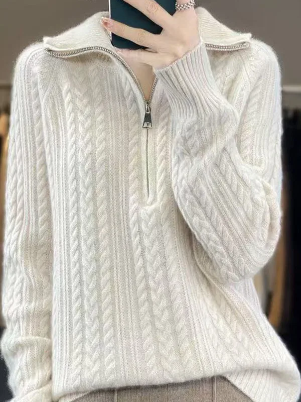 

Thiened Oversized Knitted Sweater Women's Turn-down Collar Twist Pattern f Zipper High Ne Warm Casual Long Sve Top