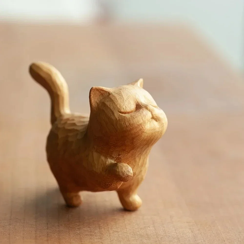 Hand-Carved Wooden Cat, Wooden Cat Sculpture Collection Figurine Decoration, Desk Decoration Boxwood Carving Kitten